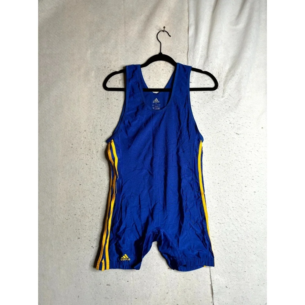 Adidas Wrestling Singlet Mens Medium Blue Yellow 3-Stripes Sleeveless Round Neck